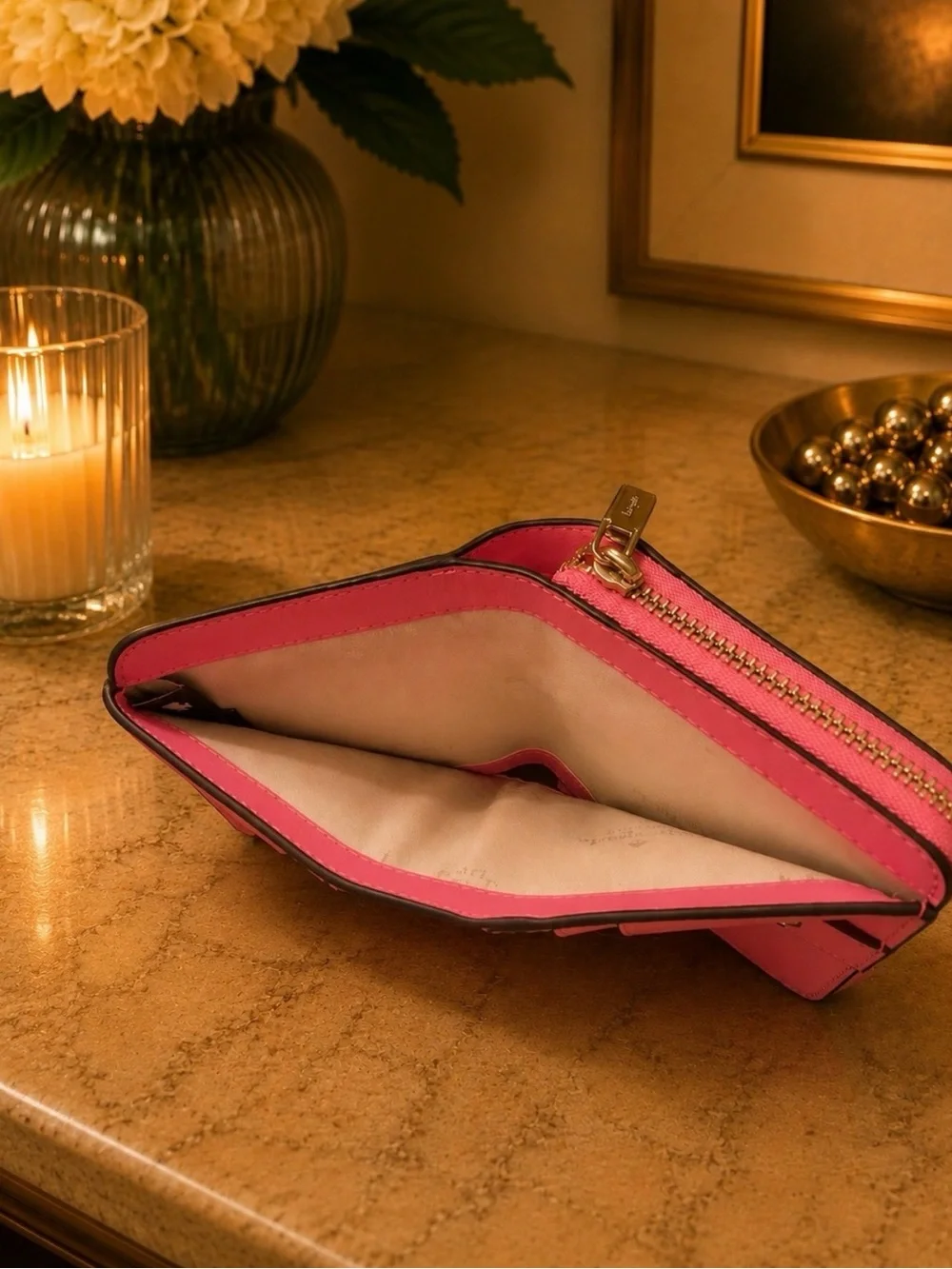 Kate Spade Pink Saffiano Bifold Zip Wallet with Gold Accents